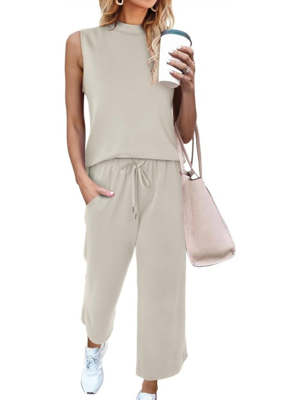 Women's Khaki Two Piece Sets Casual Travel Vacation Outfits Summer Wide Leg